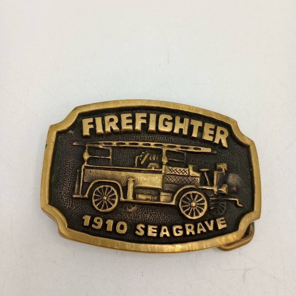 Firefighter 1910 Seagrave Fire Truck Belt Buckle Solid Brass BTS Made USA