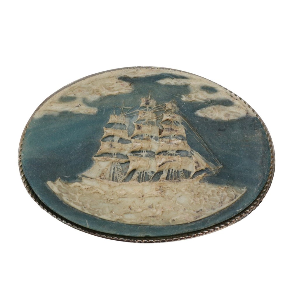 Vintage Incolay Stone Belt Buckle Cameo Sailing Ship Boat Clipper Nautical BLUE