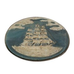 Vintage Incolay Stone Belt Buckle Cameo Sailing Ship Boat Clipper Nautical BLUE