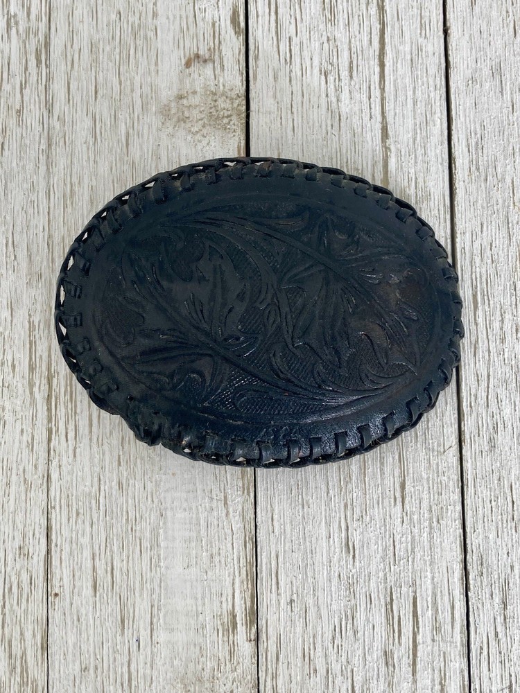 ESTATE FIND! Vintage Black Leather Tooled Western Belt Buckle