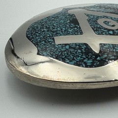 Vintage Masonic Belt Buckle Turquoise Chip Inlay Compass Silver Tone