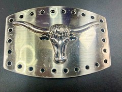 Texas Longhorn Cow Bull Head Steer Hole Border Silver Color Western Belt Buckle