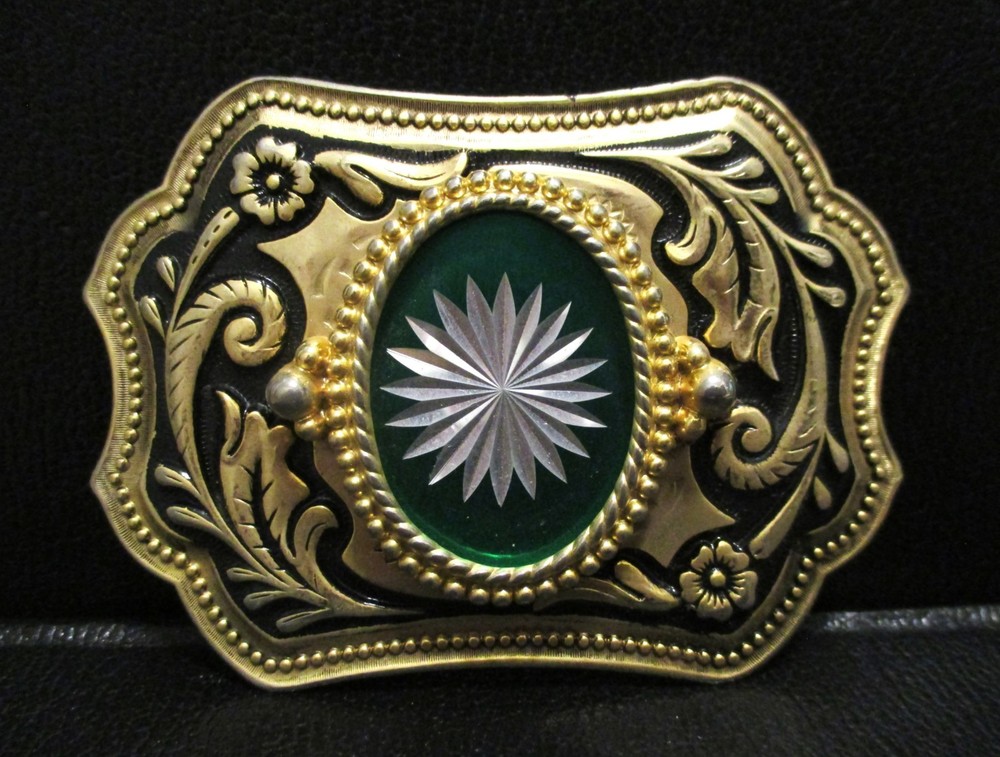 Western Style Belt Buckle Gold & Green in Color With Center Silver Prism Design
