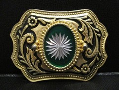 Western Style Belt Buckle Gold & Green in Color With Center Silver Prism Design