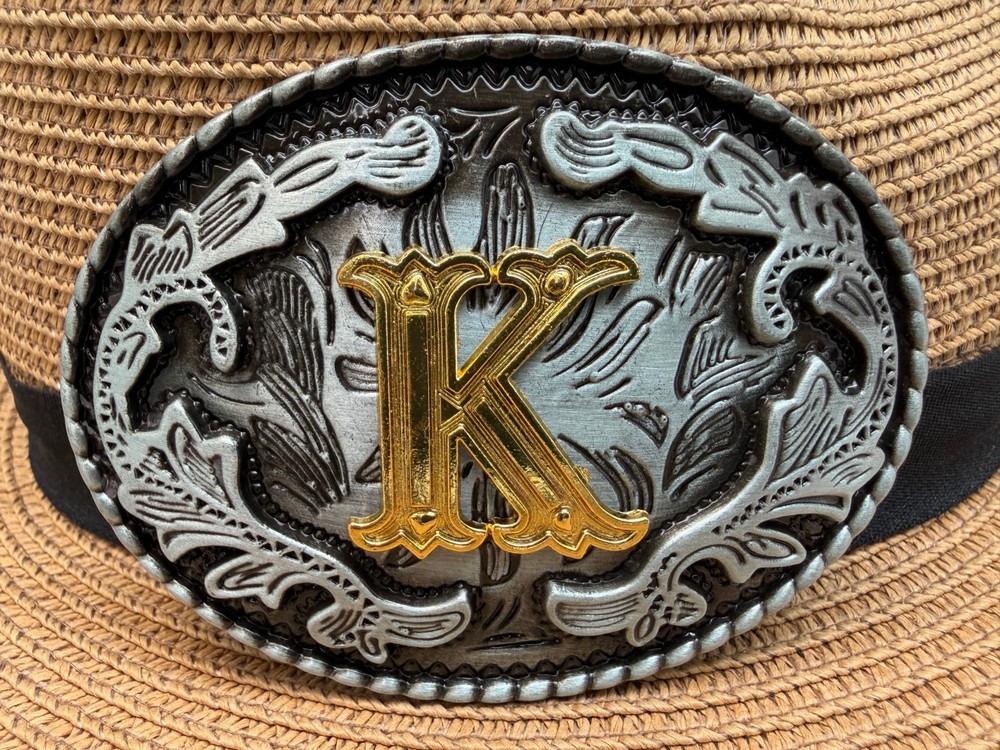 Antiqued Silver Gold Initial K Oval Western Cowboy Floral Vine Belt Buckle