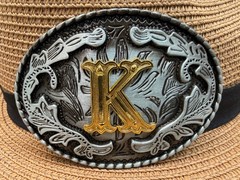 Antiqued Silver Gold Initial K Oval Western Cowboy Floral Vine Belt Buckle