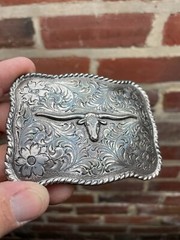 Nocona Long Horn Steer Head Rope Border Engraved Floral Pattern Western Buckle