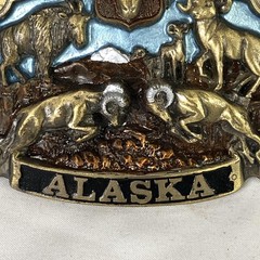 Vintage The Great American Buckle Co Belt Buckle Mens Gold Alaska Wildlife USA
