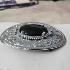 AWESOME Ornate Vintage Silver Buckle with Black Onyx Gem Floral Engraved Retro