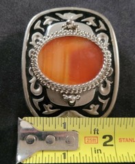 ORANGE POLISHED STONE WESTERN BLACK & SILVER TONED BELT BUCKLE