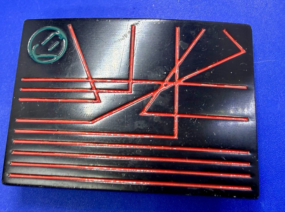 Unknown to me! Geometric Abstract Lines Red Over a Black Enamel Belt Buckle