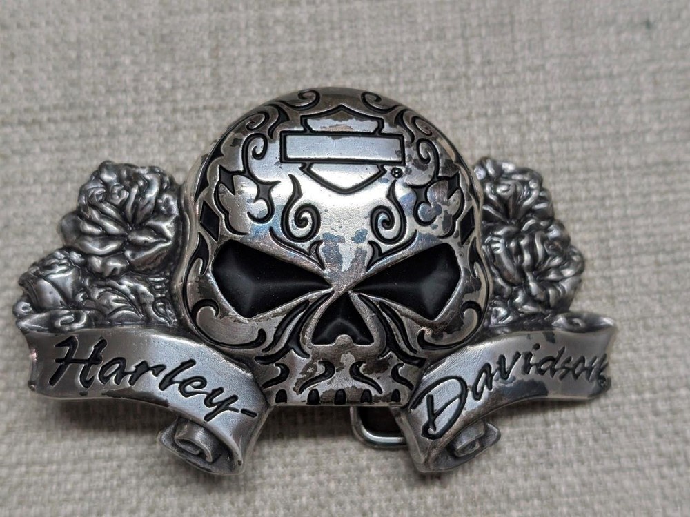 vintage Y2K belt buckle HARLEY DAVIDSON chrome metal SKULL motorcycle WESTERN