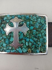 Nocona Silver Tone Western Cross Turquoise Inlay Rectangular Large Belt Buckle