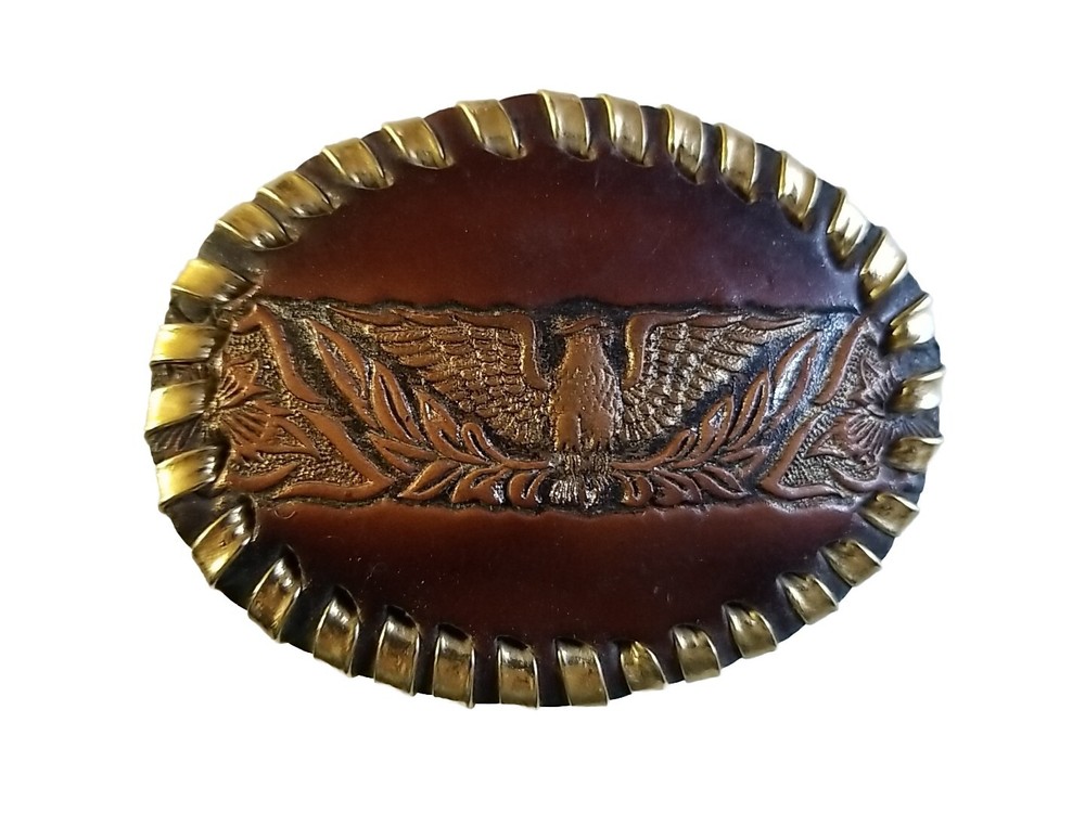 EAGLE Belt BUCKLE Small Brown LEATHER w/ GOLD Edge LACING Handmade Western/Biker