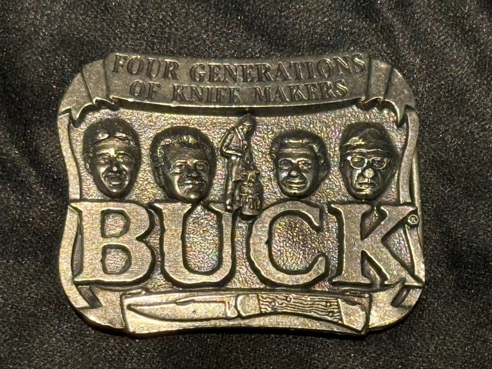 Buck Knives Vtg 70s Belt Buckle Four Generations of Knife Makers Smoky MT. Knife