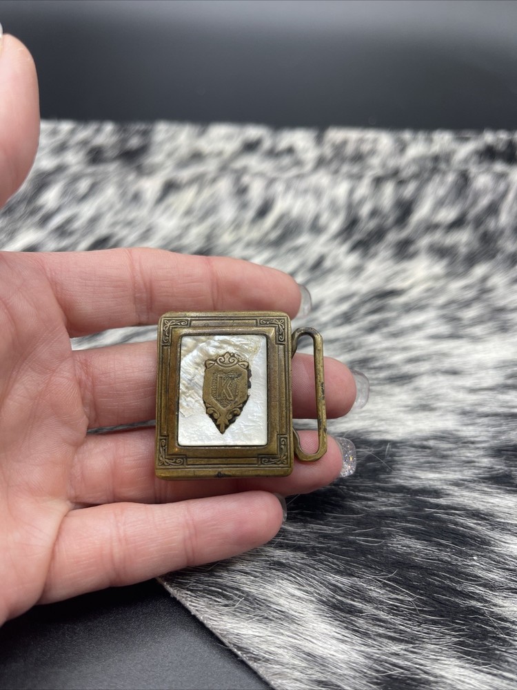 Vintage Belt Buckle Shell Inlaid Brass Ornate Design Marked Gloray Newport #A98