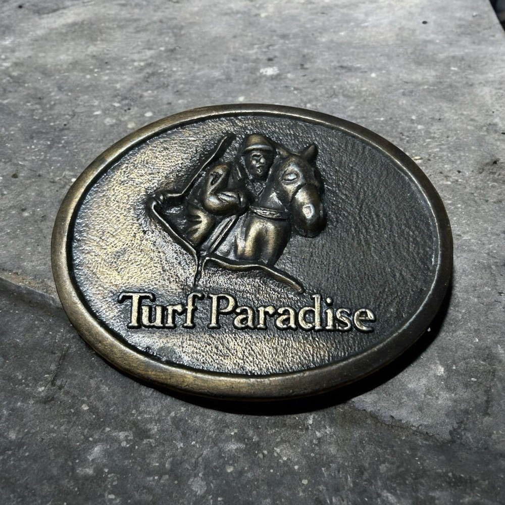 Vintage Turf Paradise Belt Buckle Horse Jockey Racing Equestrian Metal Western