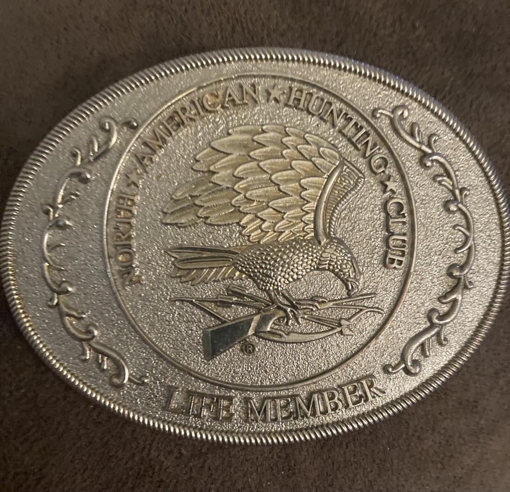 OBO Vintage North American Hunting Club Belt Buckle Eagle Rifle Bow And Arrow