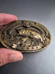 1993 Bass Anglers Sportsman Society Fishing Fisherman Round Brass Belt Buckle 3&Prime;
