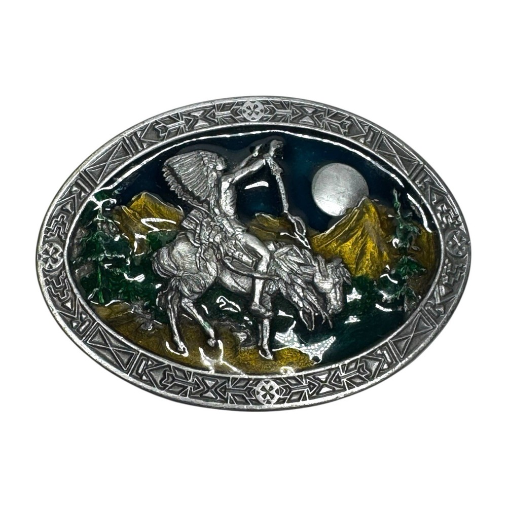 Vintage Indian Chief On Horse Enamel Brass Belt Buckle Great Spirit Bergamot