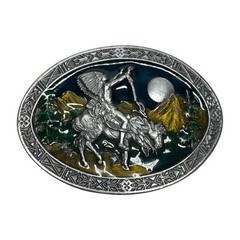 Vintage Indian Chief On Horse Enamel Brass Belt Buckle Great Spirit Bergamot