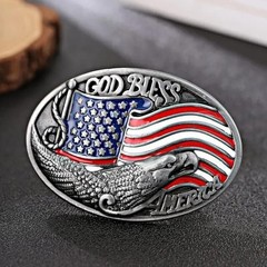 Eagle Silvertone Belt Buckle • « God Bless America » •Red White Blue American Flag