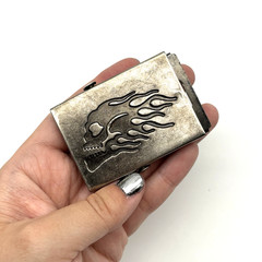 Vintage 90s Silver-tone Metal Flame Skull Military Slide Buckle for 1.5&Prime;Web Belt