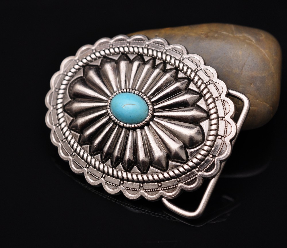 Huge Men Vintage Southeast Tribal Floral Turquoise Leather Belt Buckle Fits 40mm