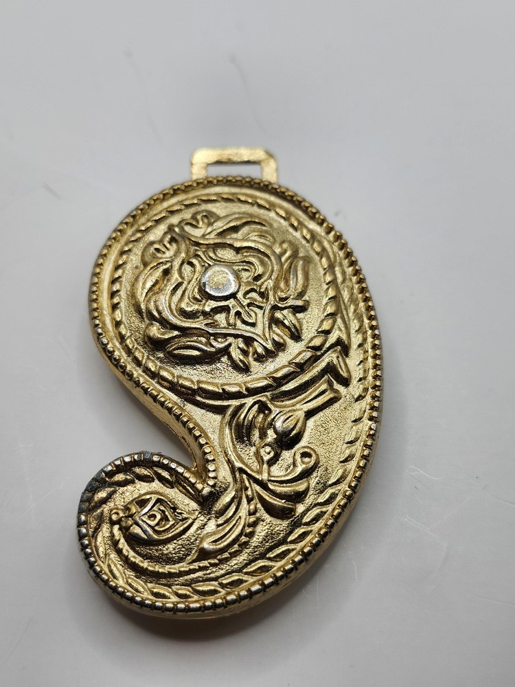 Western Paisley Belt Buckle Mens Gold Metal Rhinestone Cowboy Scroll Design