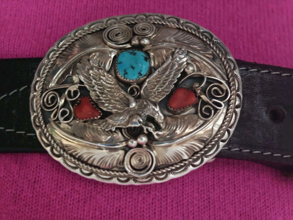Allen Chee Eagle Sterling Silver Buckle Leather Belt Turquoise 38&Prime; Navajo Dine