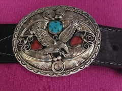 Allen Chee Eagle Sterling Silver Buckle Leather Belt Turquoise 38&Prime; Navajo Dine