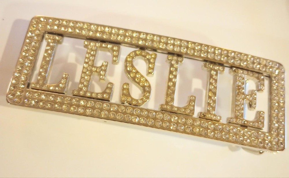 Wide Bling Rhinestone Name Belt Buckle Leslie 5-1/2&Prime; wide x 1-1/2&Prime; 1-1/8&Prime; Belt