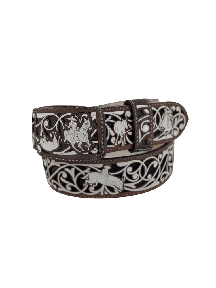 Suerte Charra Brown White Chiseled Charro Leather Belt 2&Prime; Mens Unisex Western