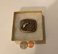 Vintage 1984 Metal Belt Buckle, Fish, Fishing, Steven L. Knight, Solid Bronze, N