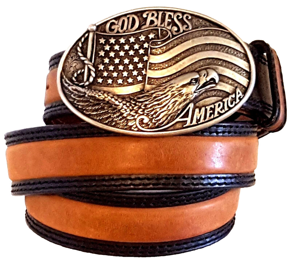 TONY LAMA LEATHER BELT NOCONA ‘GOD BLESS AMERICA’ DETACHABLE SILVER BUCKLE Sz 38