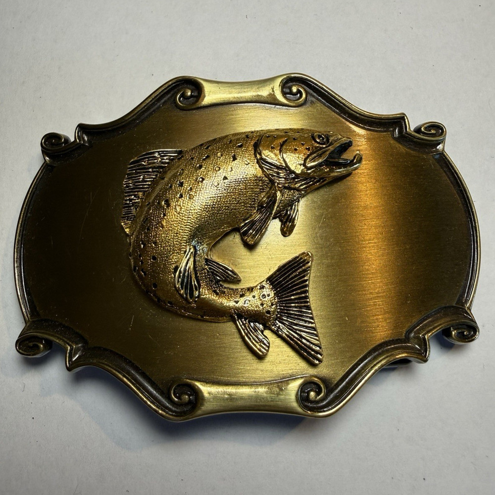 1980 Raintree Fish Western Belt Buckle Gold/Silver Tone Metal Antique Finish