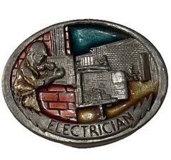 1988 C&J Vintage Electrician Pewter Enamel Belt Buckle 1054 Made USA 3.25×2.5”