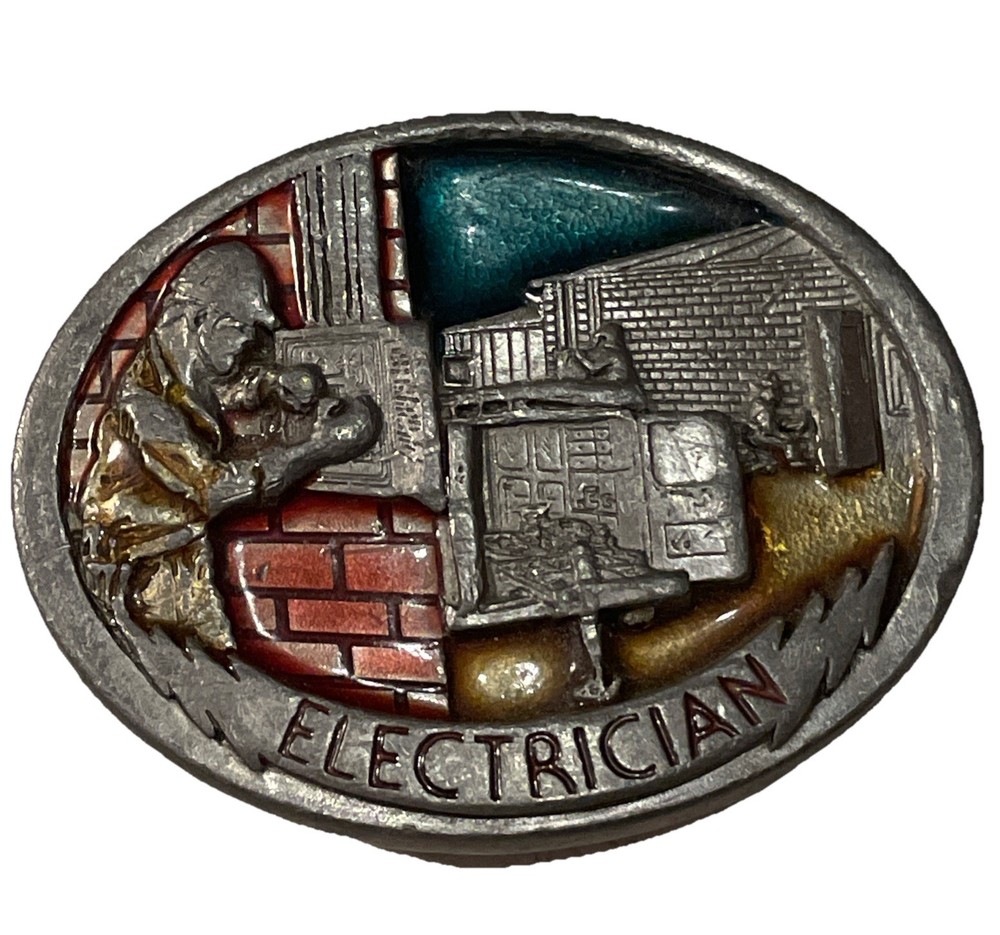 1988 C&J Vintage Electrician Pewter Enamel Belt Buckle 1054 Made USA 3.25×2.5”