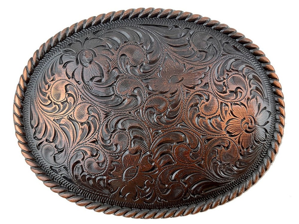 Engraved Oval Rope Border Antique Copper Finish Western Belt Buckle