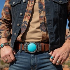 Men Women Western Fashion Belt Buckle Silver Metal Big Turquoise Blue Southern