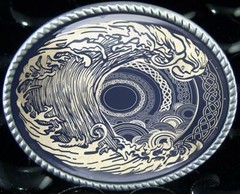 Tsunami Belt Buckle – Ornate Ocean Wave Tattoo Art Handmade Buckle – 33