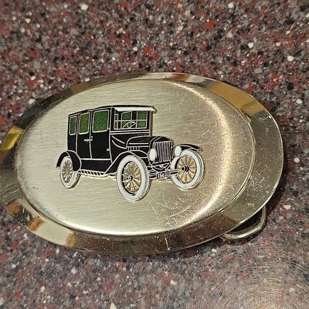 Antique Black Ford Model T Car Vintage Shiny Siver Belt Buckle