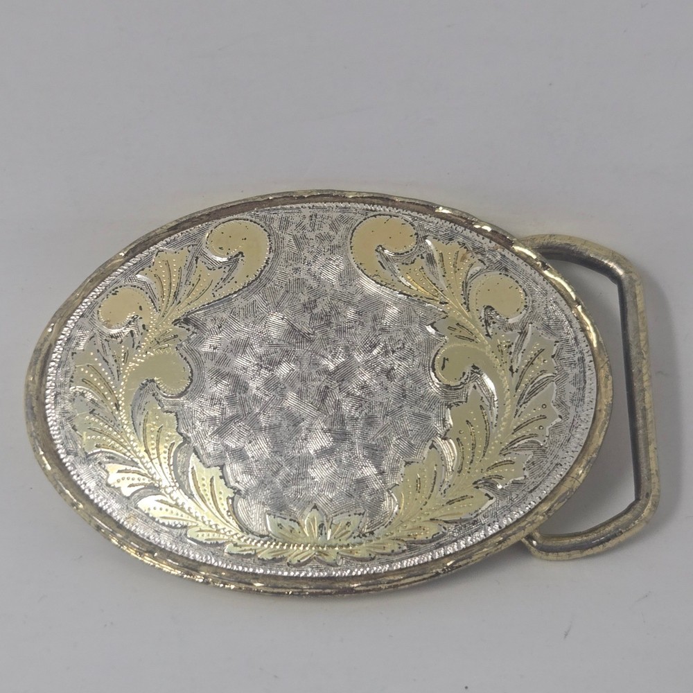 Vintage Western Belt Buckle Silver Gold Tone Floral Filigree Engraved Oval USA