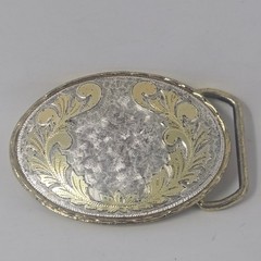 Vintage Western Belt Buckle Silver Gold Tone Floral Filigree Engraved Oval USA