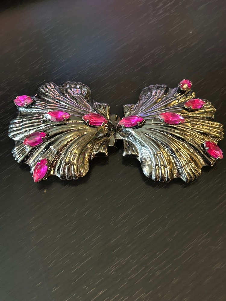 Vintage Collectible Two Part Silver Tone Pink Rhinestones Metal Belt Buckle