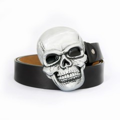 POSKLA Men&rsquo;s Skull Head Buckle Leather Belt Waist Band, Jeans Large, Black