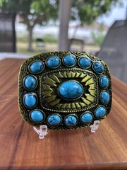 GOLDEN TONE WESTERN WOMEN COWGIRLS TURQUOISE STONE Belt BUCKLE