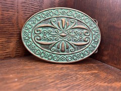 Antique Turquoise Patina Brass Belt Buckle Engraved Western Cowgirl Cowboy Style