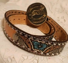 HORSESHOERS AMERICA AWARD DESIGN SOLID BRASS BUCKLE W/ LEATHER WILSON BELT SZ40