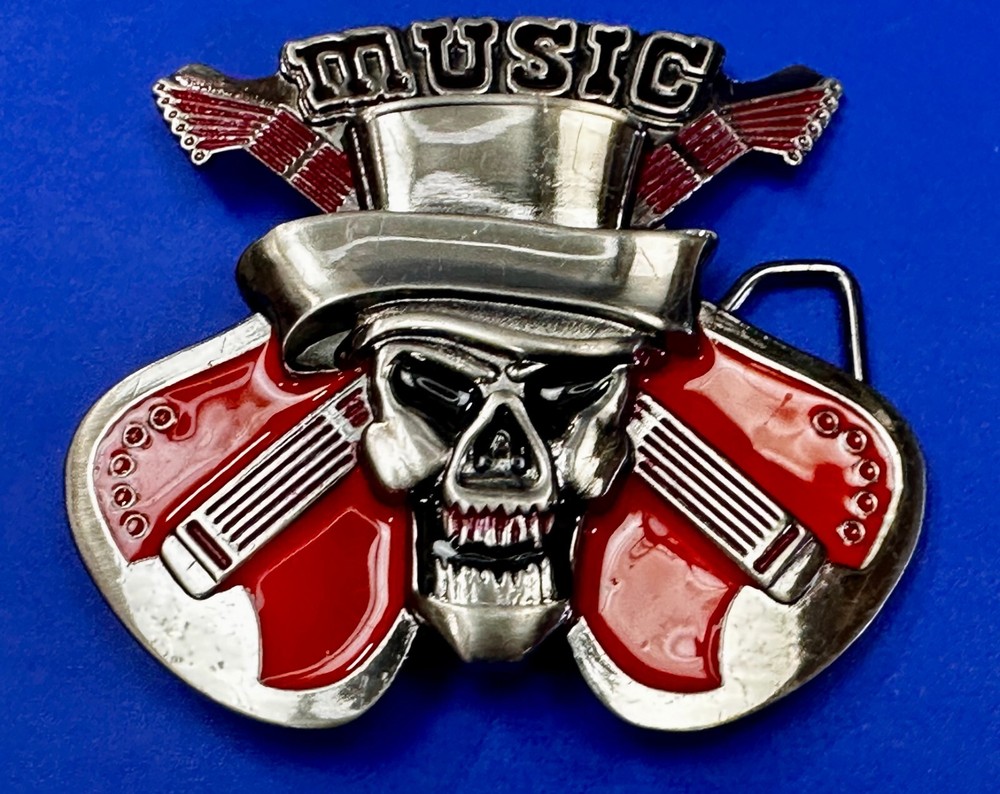 MUSIC Skull in Fedora Hat Crossed Electric Guitars Musician Rockstar Belt Buckle